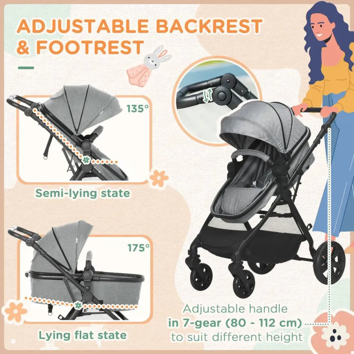 Foldable Baby Pushchair w/ Fully Reclining Backrest From Birth to 3 Years- Gey