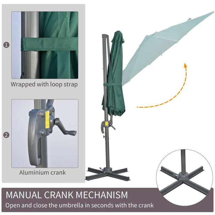 Premium 3x3m Cantilever Parasol Umbrella - Green. Sturdy, Adjustable, Easy to Use with Cross Base.