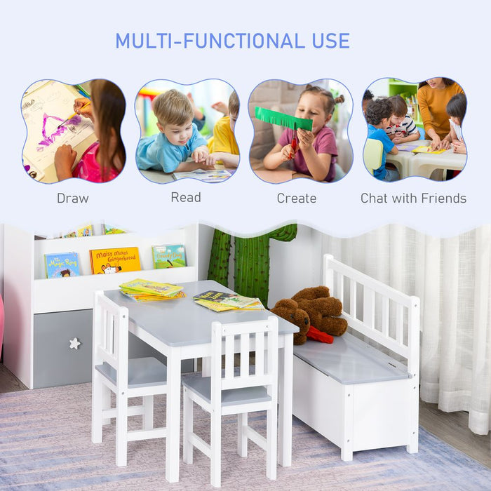 Premium Quality Kids Wood Table Chair Bench Set - Storage Function - HOMCOM