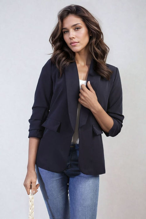 Sophisticated Ruched Sleeve Blazer Jacket with Pockets