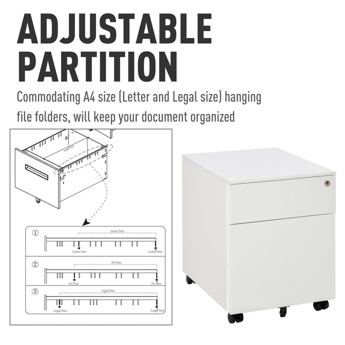 Vinsetto 2-Drawer Vertical File Cabinet, Lockable Steel Filing Cabinet with Pencil Tray and Hanging Bar for A4, Letter, Legal-sized Files, Fully Assembled Except Casters, White