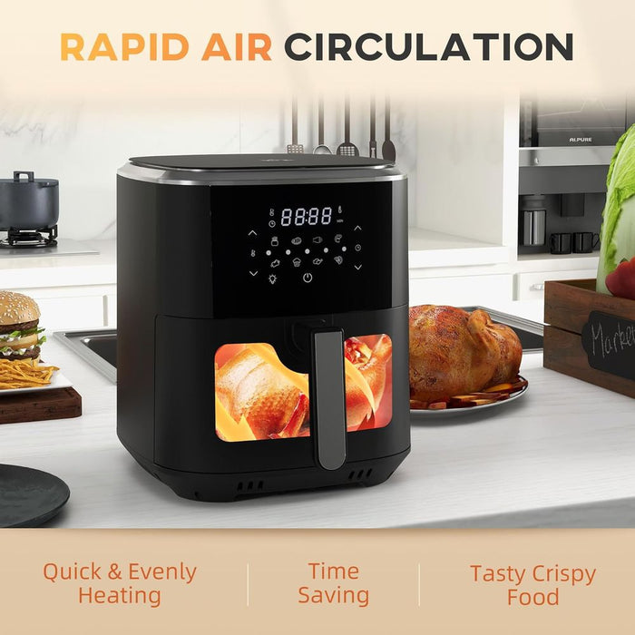 Premium 1500W 4-in-1 Air Fryer: Air Fry, Bake, Roast, Dehydrate. Includes Cookbook. High-quality 6.5L Capacity.