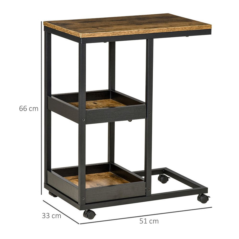 HOMCOM Industrial Mobile Sofa Side Table C-Shaped Rolling Couch Table with 3-Tier Storage Shelving Four Lockable Wheels Steel Frame - Brown