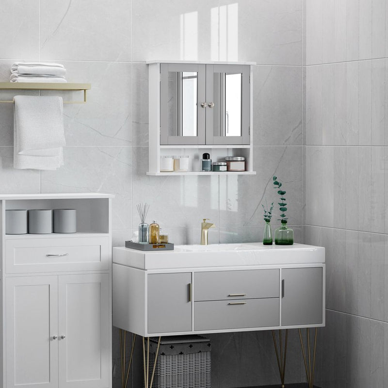 Stylish Grey Wall-Mounted Mirror Cabinet with Double Mirrored Doors - High-Quality & Space-Saving