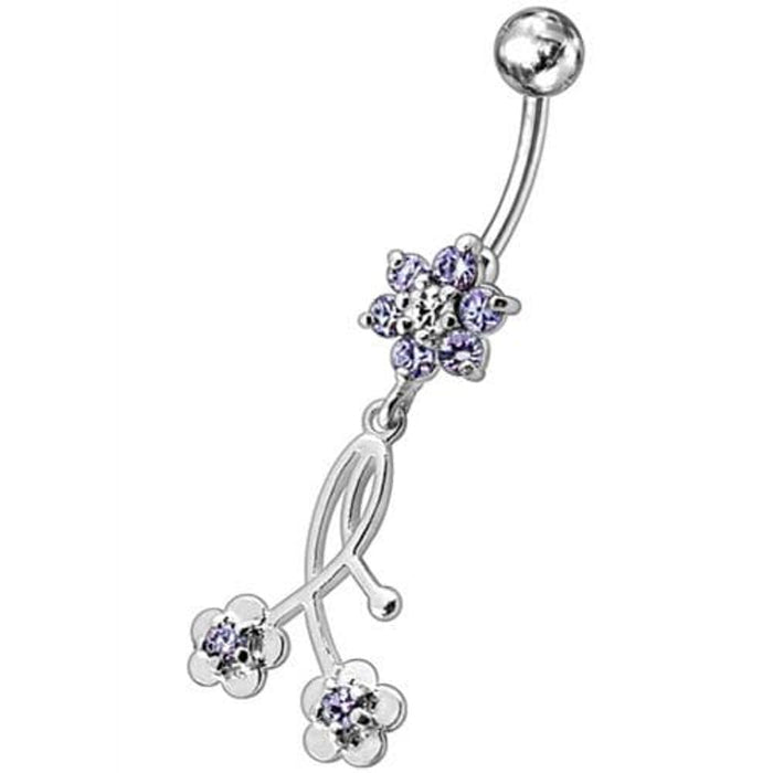 Fancy Long Flower With 2 Small Flower Jeweled Dangling Navel Ring