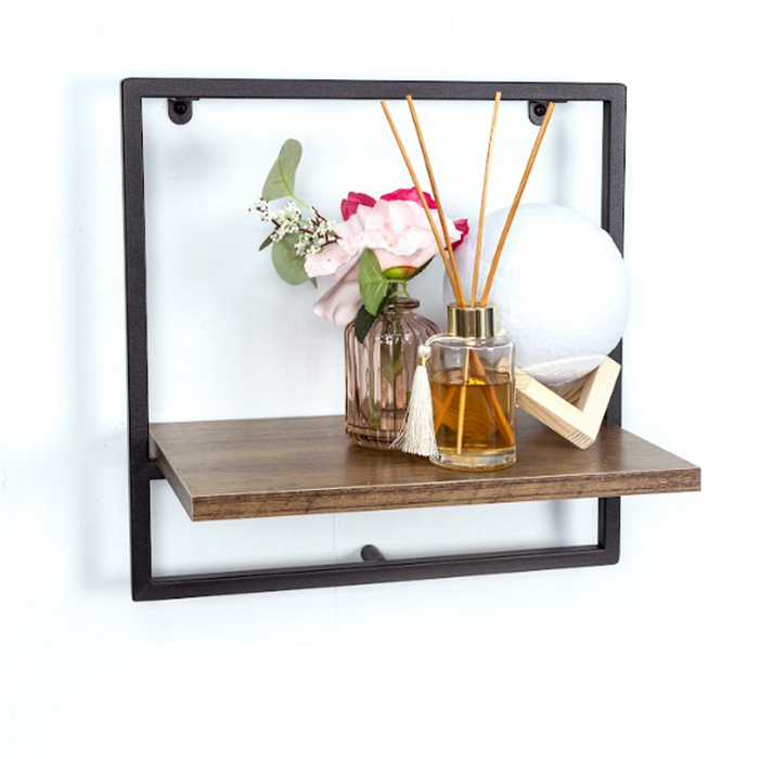 High-Quality Dark Oak Wall Shelf - 1 Tier with Black Metal Frame - PARGI