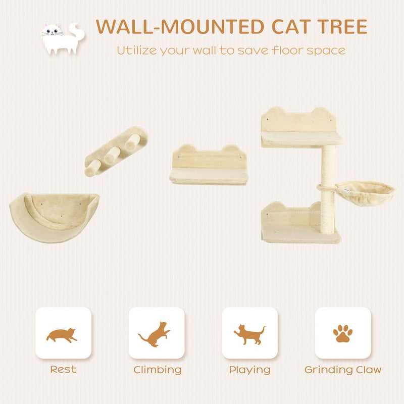 PawHut 4PCs Wall Mounted Cat Tree Cat Wall Shelves Furniture Climbing Shelf Set Kitten Activity Centre with Hammock, Scratching Post - Beige