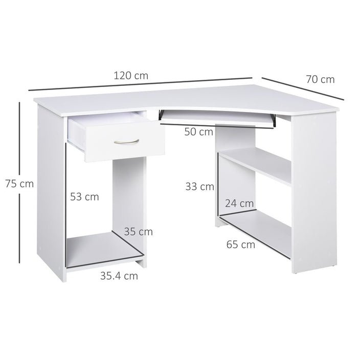 L-Shaped Corner Computer Desk w/ 2 Shelves Worktop Keyboard Tray White