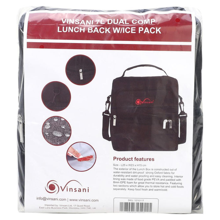 VINSANI 7L Dual Compartment Lunch Bag w/ Ice Pack - Premium Quality, Waterproof, Insulated Cooler - Ideal for Camping, Hiking, BBQs