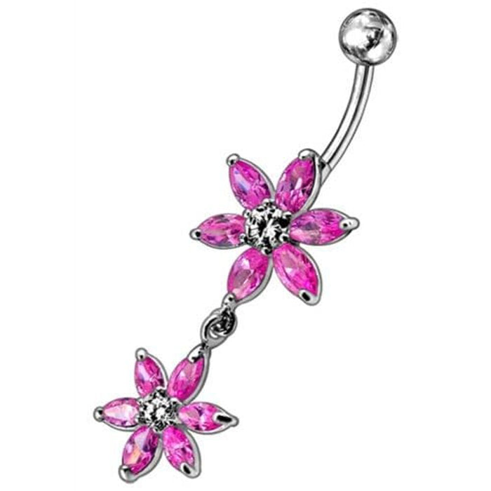 Silver Jeweled Flower Dangling SS Curved Belly Ring