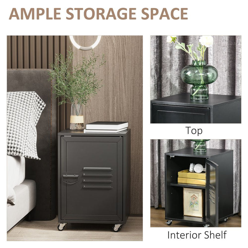 Industrial Bedside Table, Rolling End Side Table, Mobile Storage Cabinet - High Quality, Easy Assembly - Black - Free Shipping!