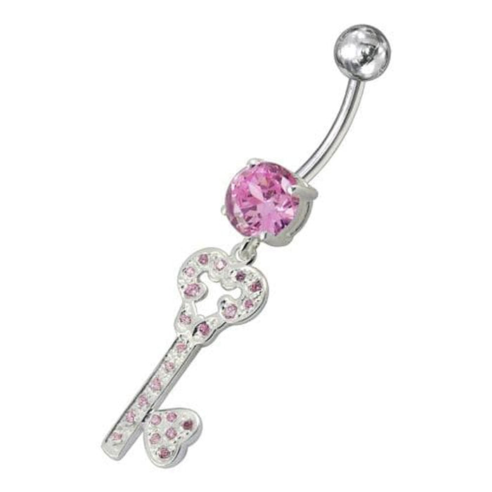 Jeweled Heart Key Dangling Belly Ring