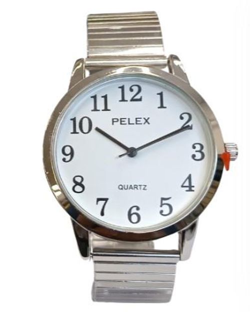 Pelex Mens Big number Silver Case White Dial Silver Bracelet Strap Quartz Watch