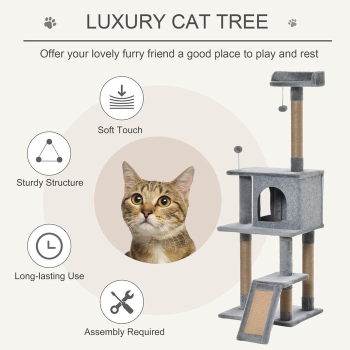 PawHut Cat Tree Tower 142cm Climbing Kitten Activity Center with Jute Scratching Post Board Perch Roomy Condo Removable Felt Hanging Toy, Grey