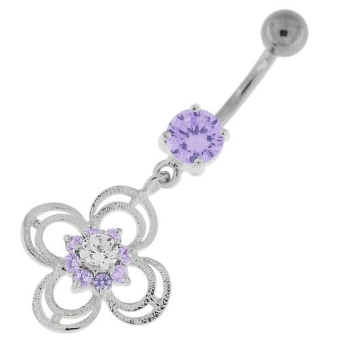 Flower With Bow Jeweled Silver Belly Button Ring