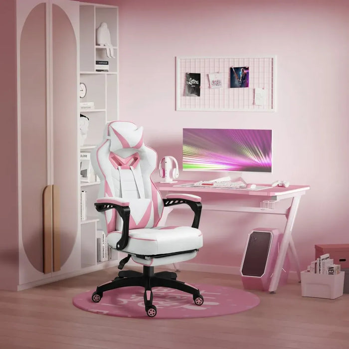 Ergonomic Gaming Chair w/ Footrest & Wheels | Stylish Office | Pink