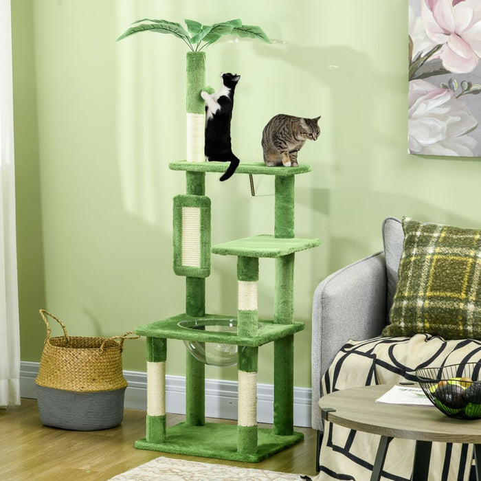 PawHut 142cm Cat Tree Tower Scratching Post Hammock Ball Green