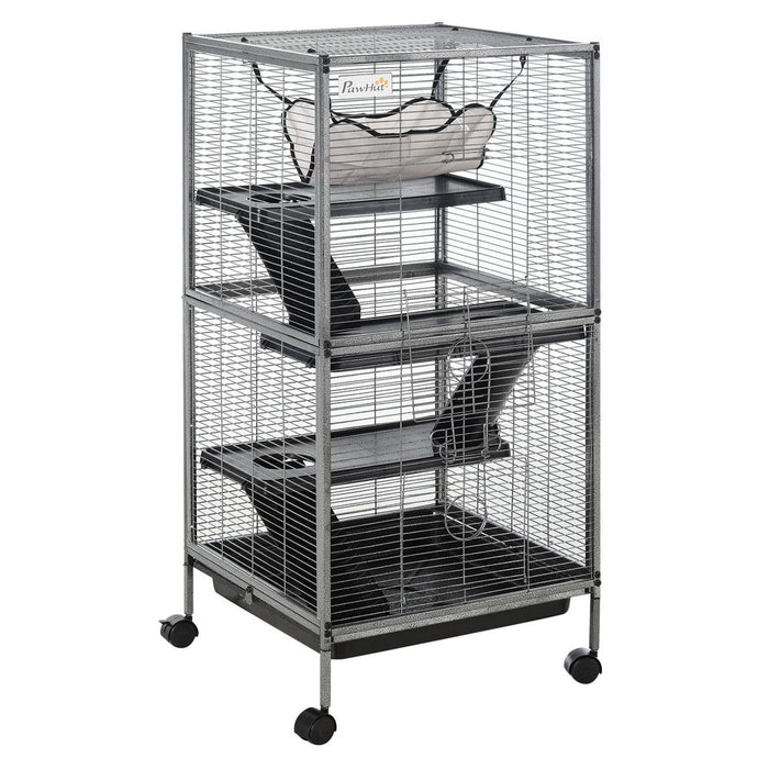 PawHut Small Animal Cage with Wheels Pet Home for Chinchillas Ferrets Kittens, with Hammock, 4 Platforms, Removable Tray, Grey