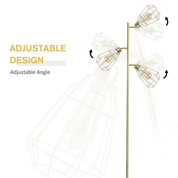 High-Quality Steel Birdcage Floor Lamp - 3 Lights, Round Base & Gold Finish