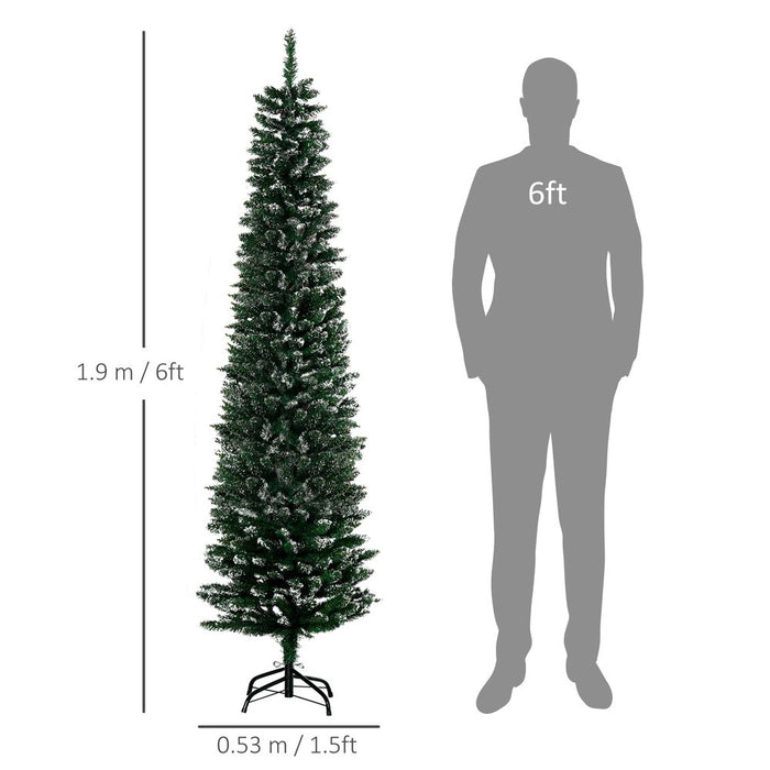 6.5FT Artificial Snow Dipped Christmas Tree Pencil Foldable Black Stand Green