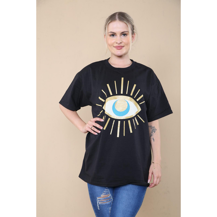 LADIES SEQUIN EYE PRINTED OVERSIZED SHORT SLEEVE T SHIRT TOP