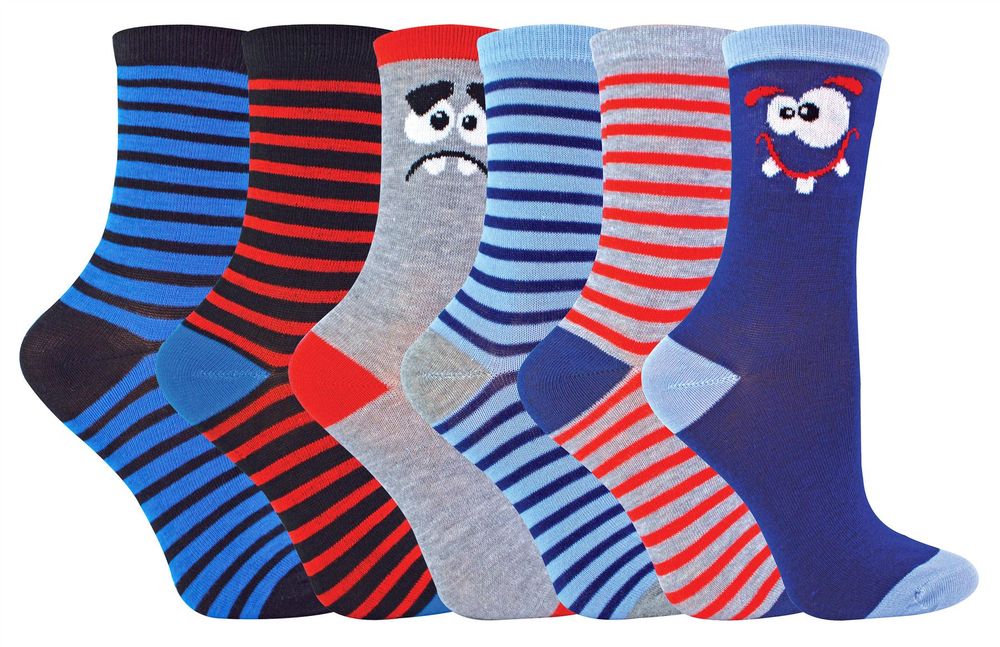 Vibrant Boys 6 Pack Socks - Silly Faces & Dinosaur Designs