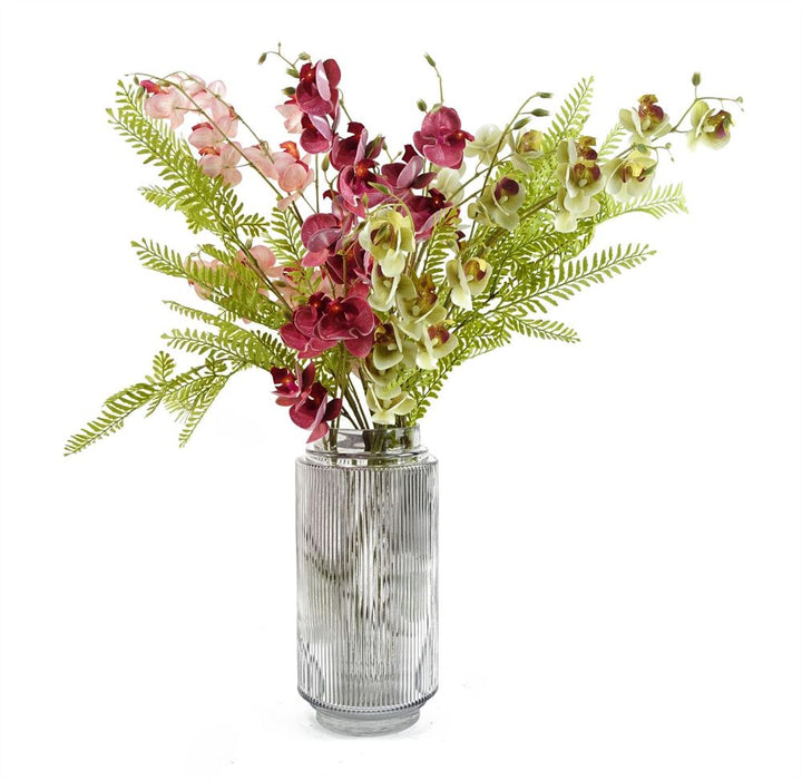 65cm Mixed Wild Orchid and Ferns Glass Vase