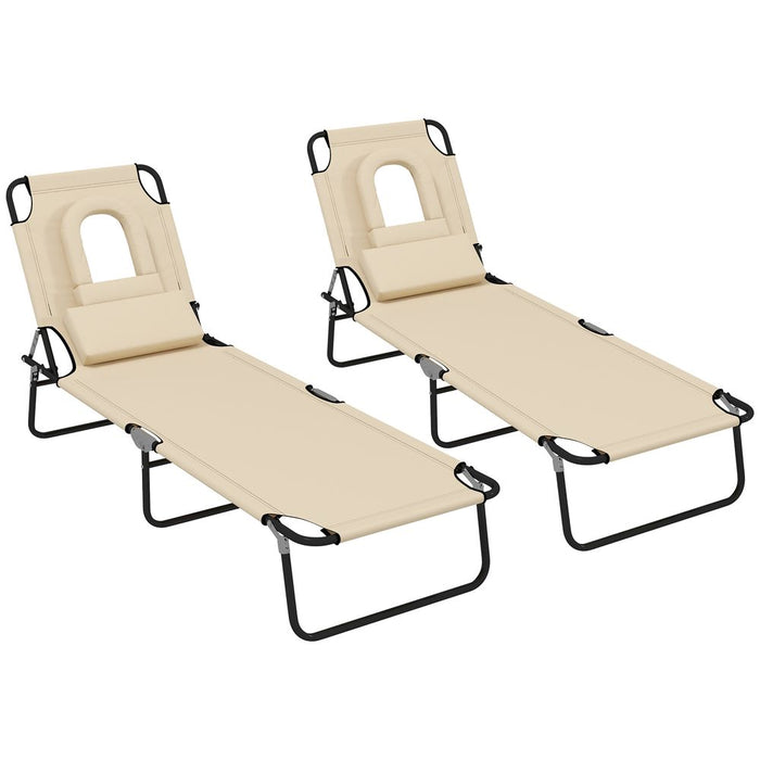 Outsunny Folding Sun Lounger Set of 2 Reclining Chair with Reading Hole Beige