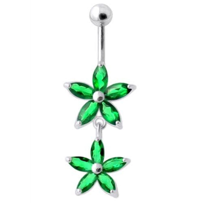 Jeweled Multi Flower Silver Dangling Belly Button Ring