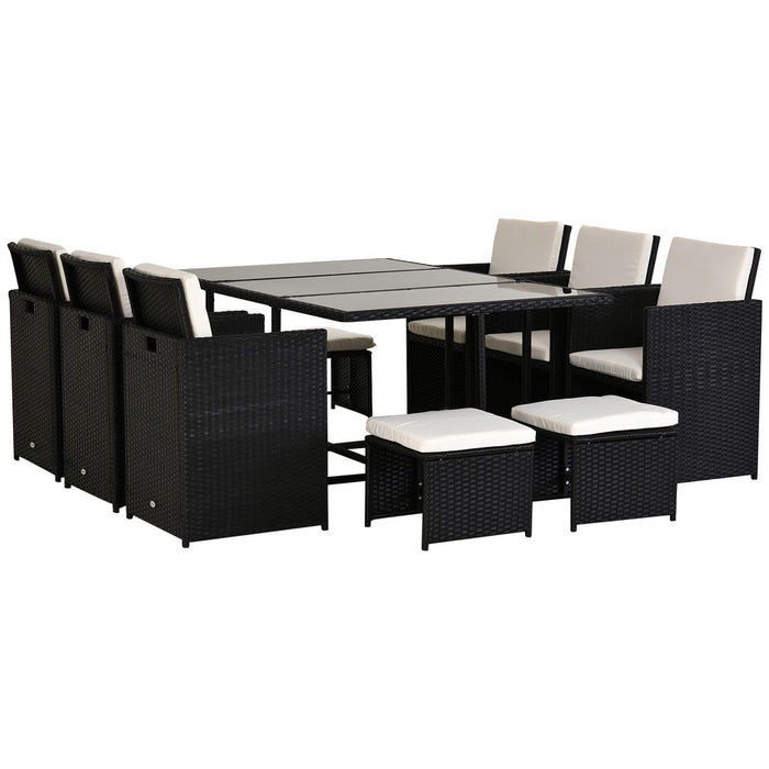 Rattan Dining Set, 11 PC-Black. Metal frame, PE rattan, 6 chairs & 4 footstools. Tempered glass. Washable cushions. Suitable for indoor/outdoor use.