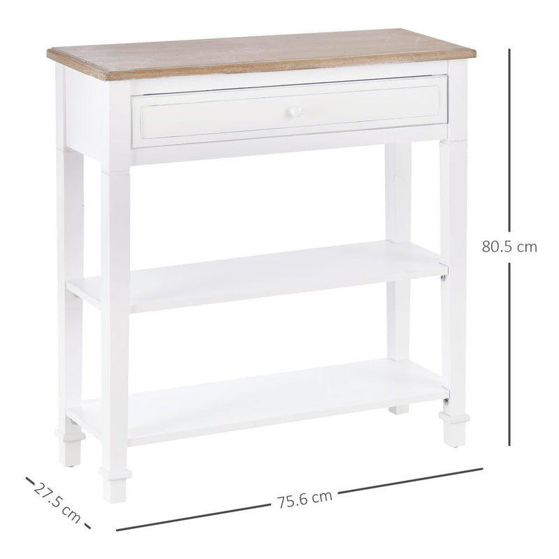 Stylish White MDF Console Table-Drawer & Shelves Storage-Oak Worktop-Balanced Legs