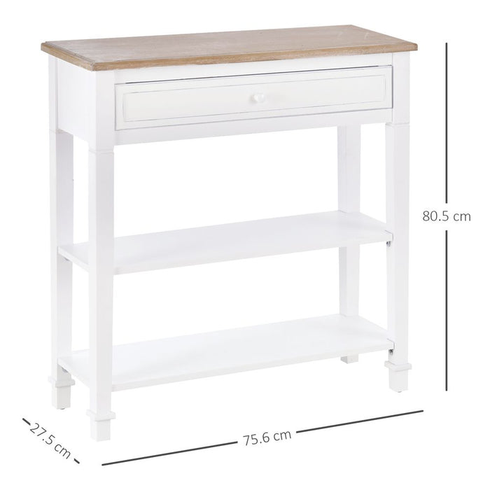 Stylish White MDF Console Table-Drawer & Shelves Storage-Oak Worktop-Balanced Legs