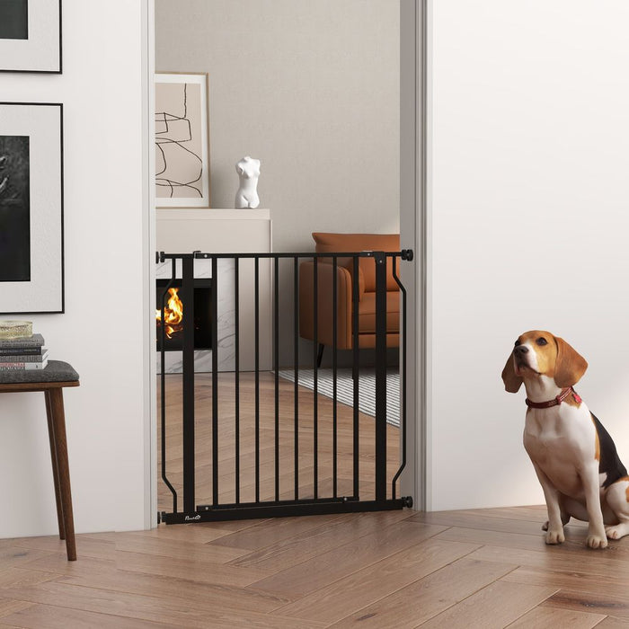 PawHut Dog Gate: Wide Stair Gate w/ Door, Pressure Fit, Black - Best Quality, Easy Setup - Keeps Pets Safe & Secure