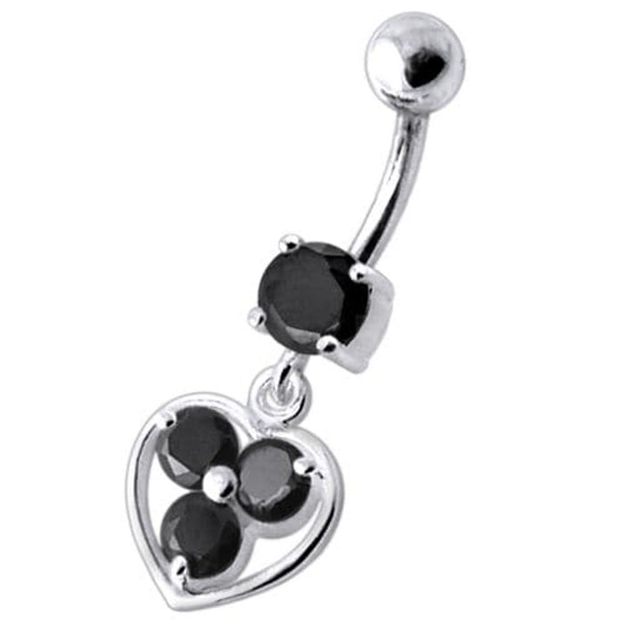 Jeweled Silver Heart Dangling SS Curved Bar Banana Belly Ring