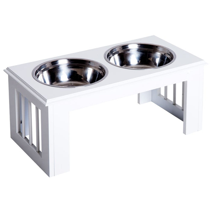 PawHut Stainless Steel Raised Dog Feeding Bowls with Stand for Extra Small and Small Dogs Elevated Twin Pet Bowls Water Food Feeder 58L x 31W x 25H cm - White