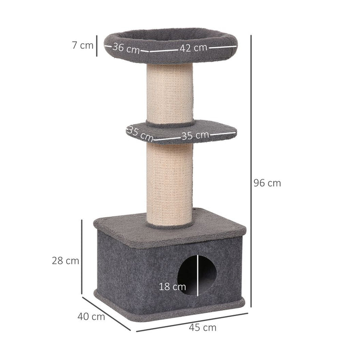 PawHut 96cm Cat Tree Kitten Tower Multi level Activity Center Pet Furniture with Sisal Scratching Post Condo Removable Cover Grey