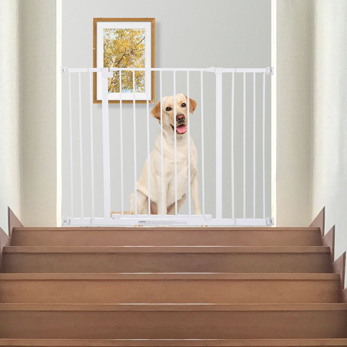 PawHut Dog Gate Pet Safety Gate Stair Barrier Pressure Fit Adjustable 76-82/86-97/101-107 cm, White