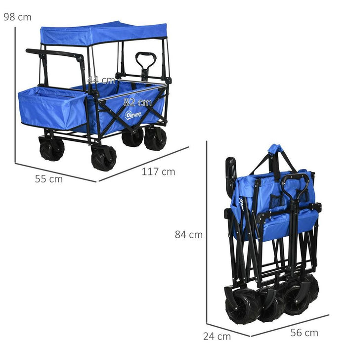 Trolley Cart Storage Wagon 4 Wheels w/ 2 Compartments Handle, Canopy, Blue