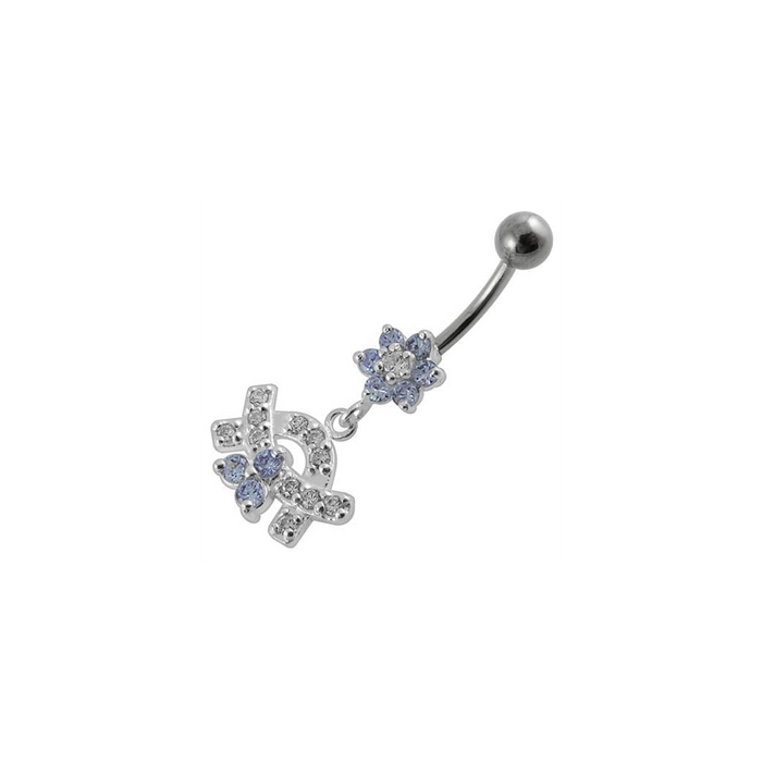 Jeweled Curve With Flower Silver Dangling Banana Bar Navel Belly Ring