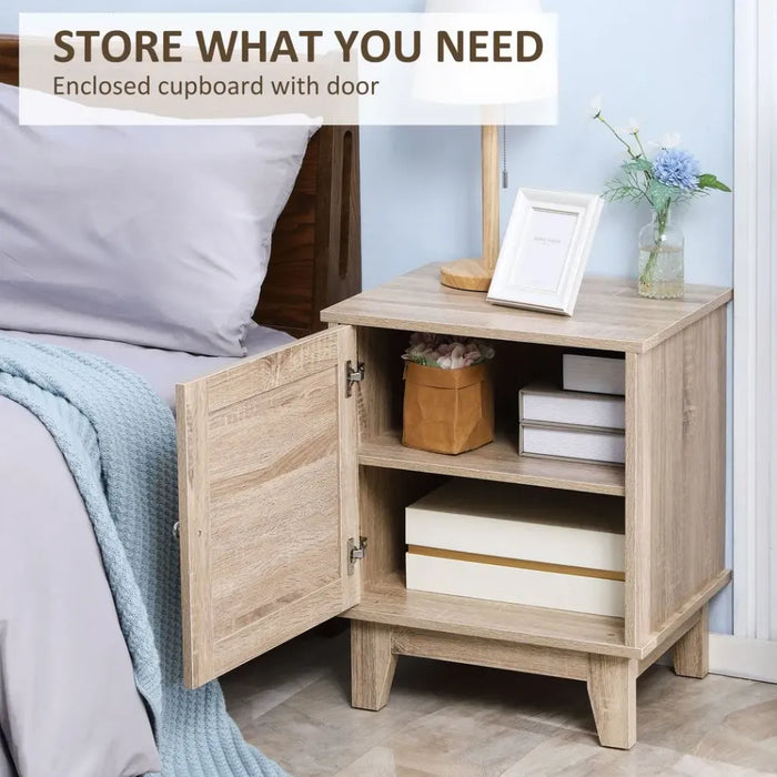 Nightstand, Bedside Table with Storage Cupboard, End Table with Rattan Element