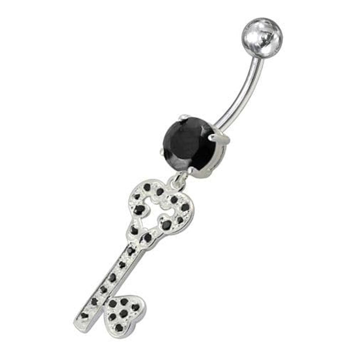 Jeweled Heart Key Dangling Belly Ring