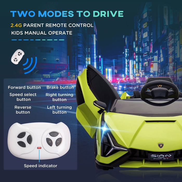 HOMCOM Lamborghini Sian Licensed 12V Kids Electric Ride On Car 2 Motors Toy Car with Remote Control Music Lights MP3 for 3-5 Years Green