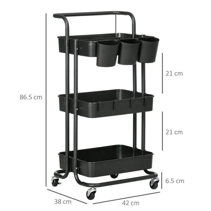 3-Tier Utility Cart, Serving Trolley with Mesh Baskets Removable Boxes, Black