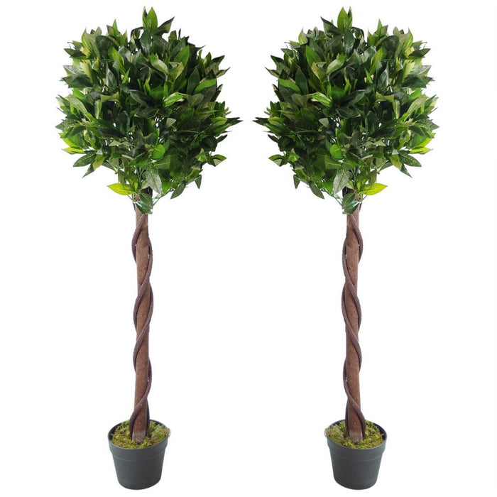 Realistic 120cm Twisted Trunk Artificial Topiary Bay Laurel Ball Trees - Set of 2