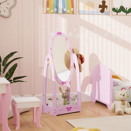 AIYAPLAY 360° Rotating Kids Full Length Mirror with Storage Shelf, Pink