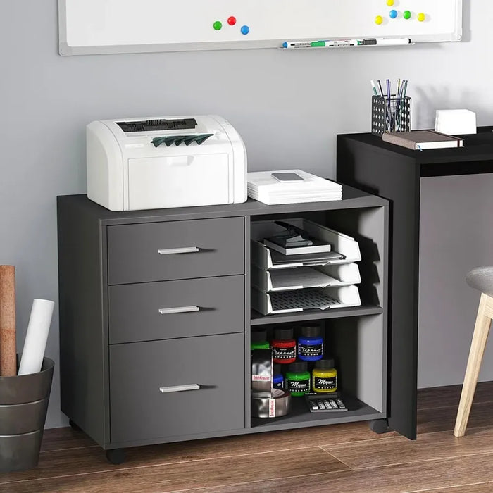 Premium Grey Freestanding Storage Cabinet - 3 Drawers, 2 Shelves, 4 Wheels - Office & Home