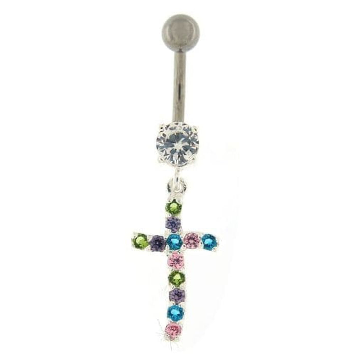 Sterling silver Jeweled Cross Dangling Navel Ring