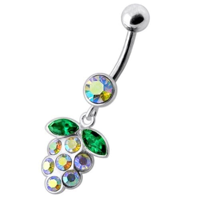 Silver Fancy Jeweled Grape Dangling Curved Belly Ring