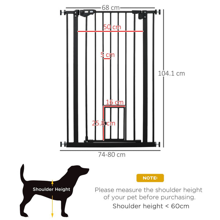 PawHut Extra Tall Dog Gate with Cat Flap, Pet Safety Gate for Doorways Stairs with Auto Close Double Locking, 104 cm Tall 74-80 cm Wide, Black