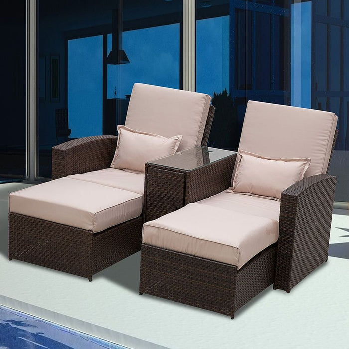 Outdoor Garden Double Rattan Sun Lounger Sofa Recliner Wicker Patio - Brown